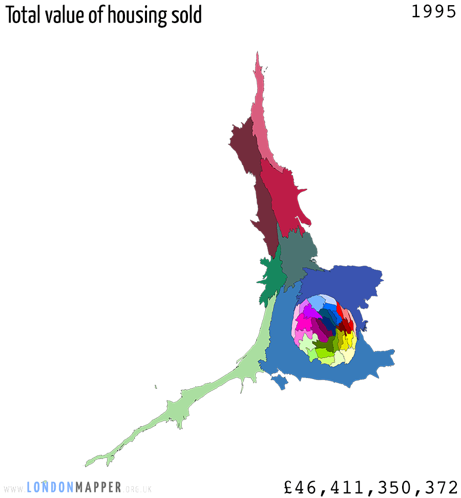 Cartogram animation of sold housing value from 1995 to 2014
