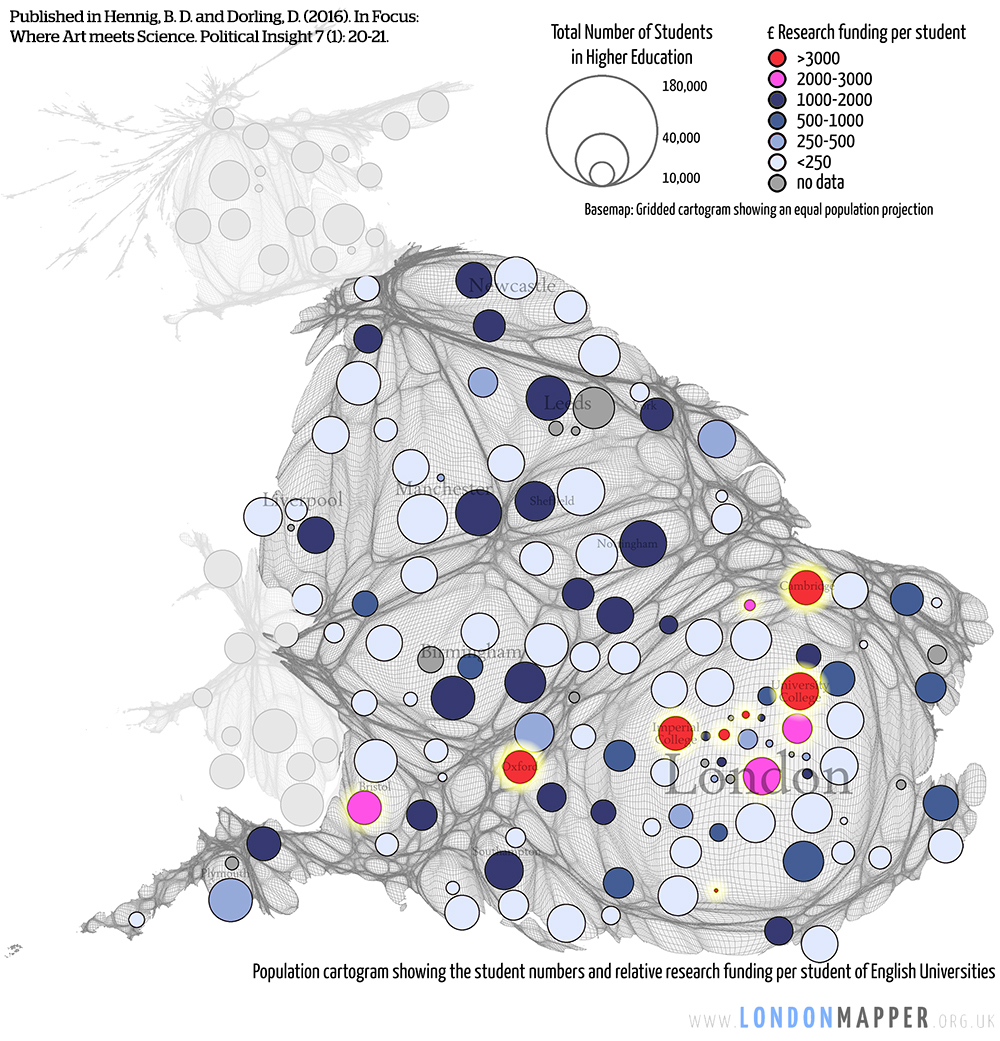 Cartogram of science funding per student in England