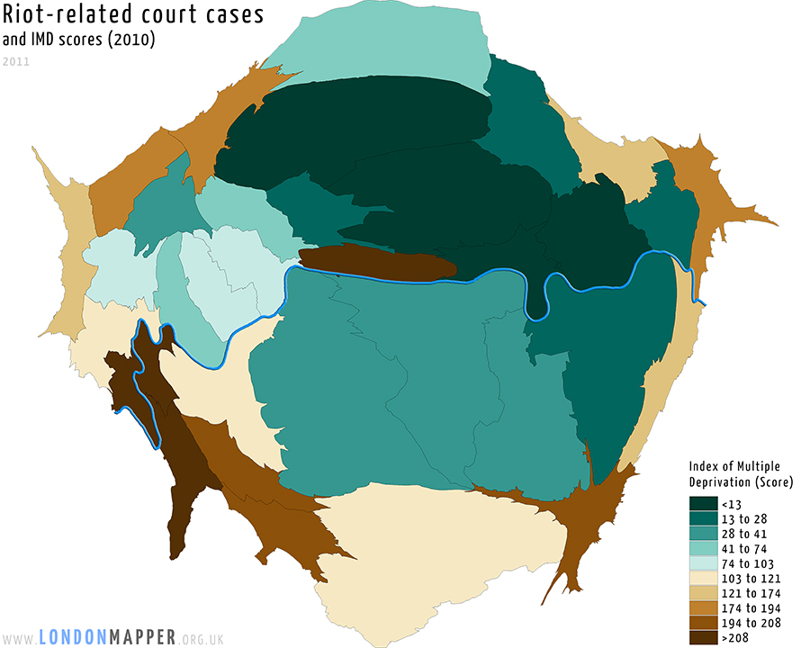 Court cases related to the August 2011 riots in London and a comparison with the Index of Multiple Deprivation