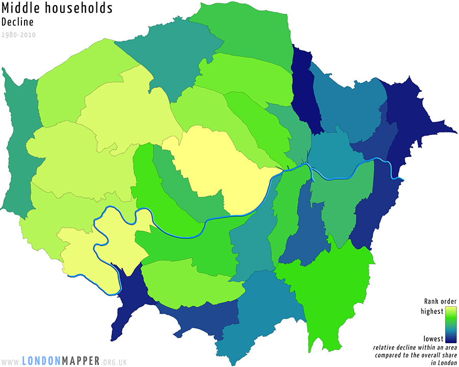 Cartogram of decline in the middle households in London between 1980 and 2010